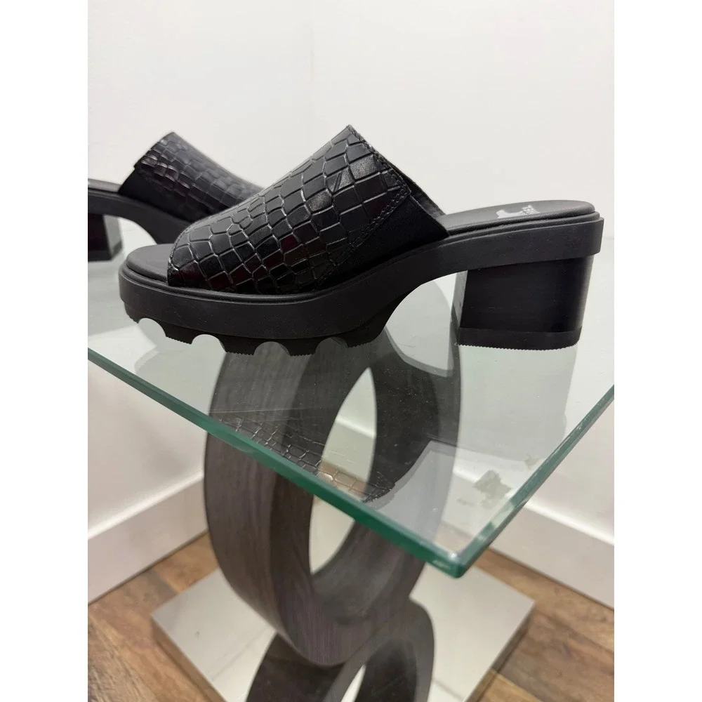 Sorel Brex Slide Sandal Black Croc Embossed Leather Platform Heel NL5085-010 7.5